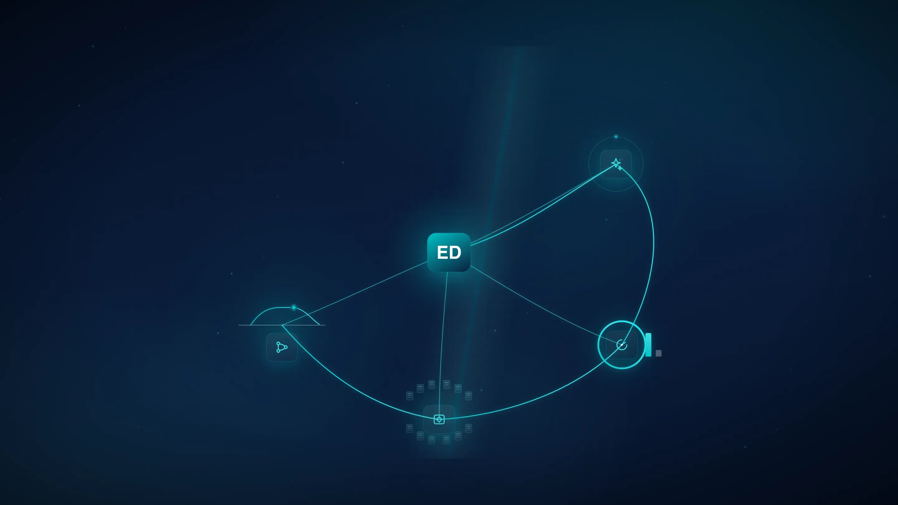 The Emerge Digital ecosystem visualised as a constellation: the ED hub connected by a teal data thread to the Agentforce practice, Vela OS, VaultOS, and Dev Pods.