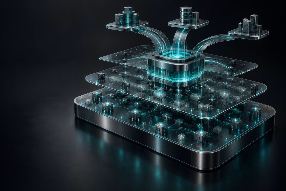 An interconnected architectural model: knowledge and data foundations connect an intelligence core to business workflows.