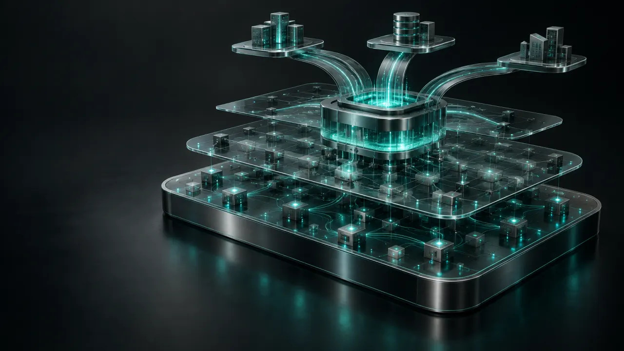 An architectural illustration connecting knowledge, data, intelligence and delivery.