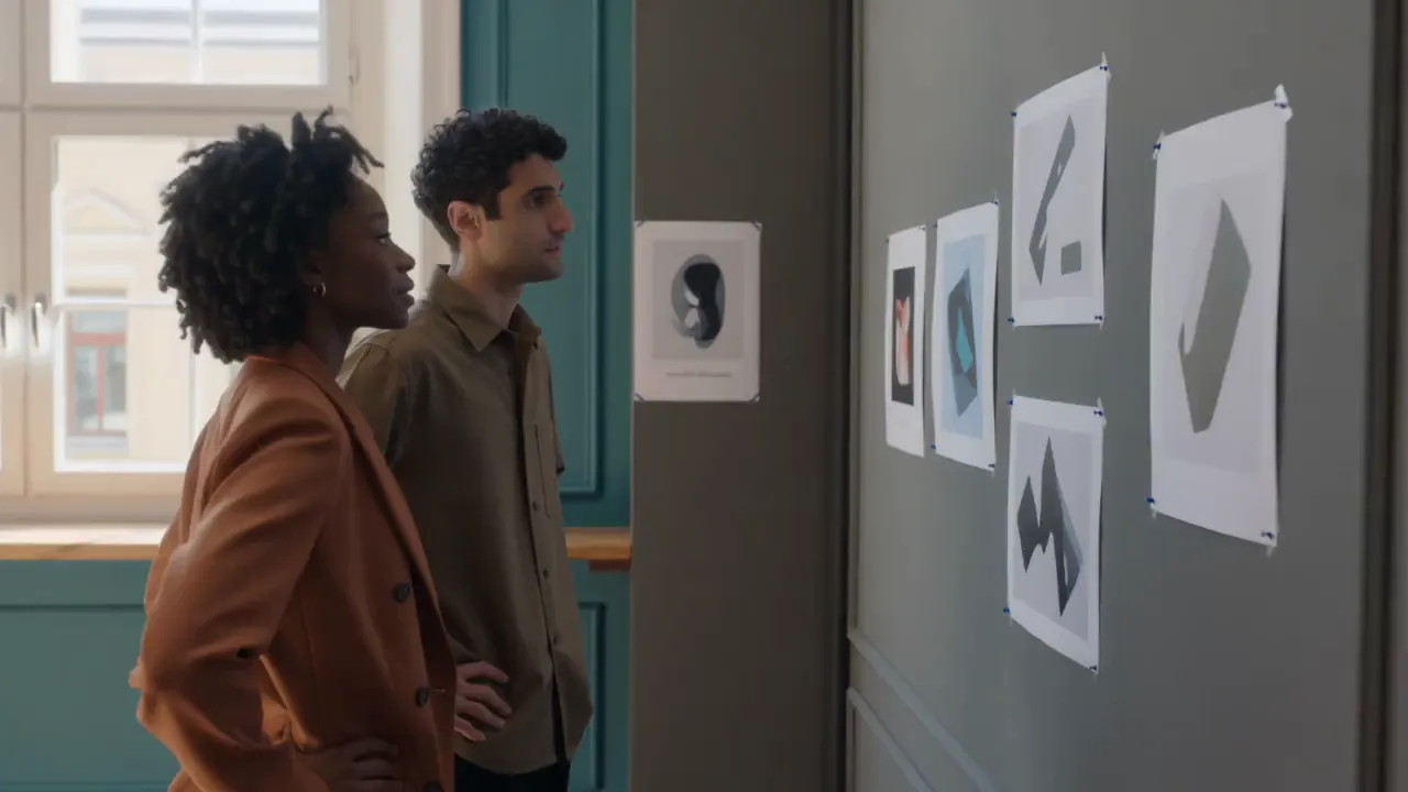 Fictional creative collaborators review campaign concepts in an AI-generated studio scene.