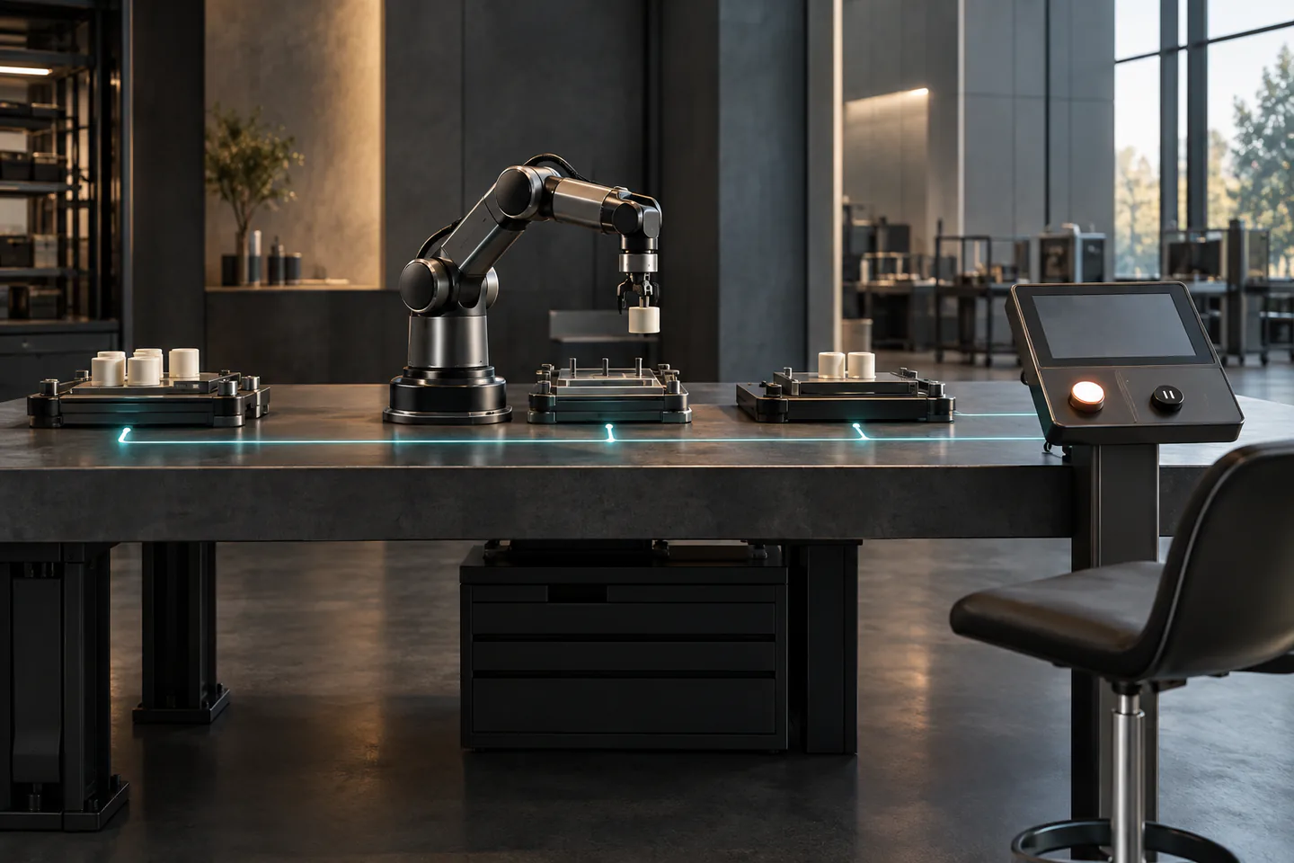 A precision robotic arm moves an unmarked component through a supervised workflow bench with an illuminated approval control.