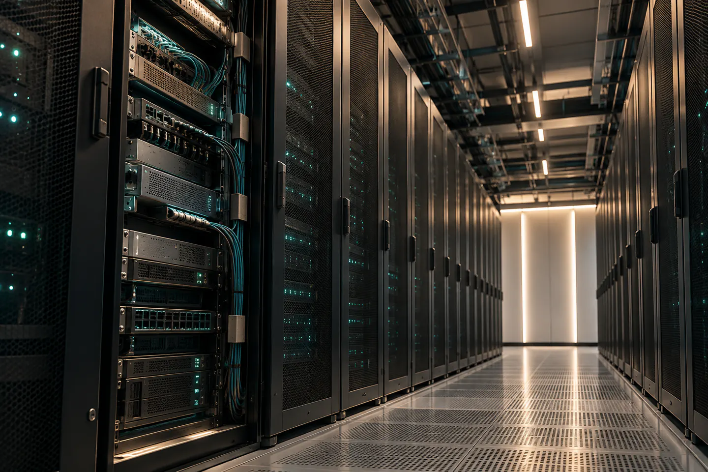 Realistic server racks and precise cabling sit within a dark data centre aisle lit by restrained teal indicators.