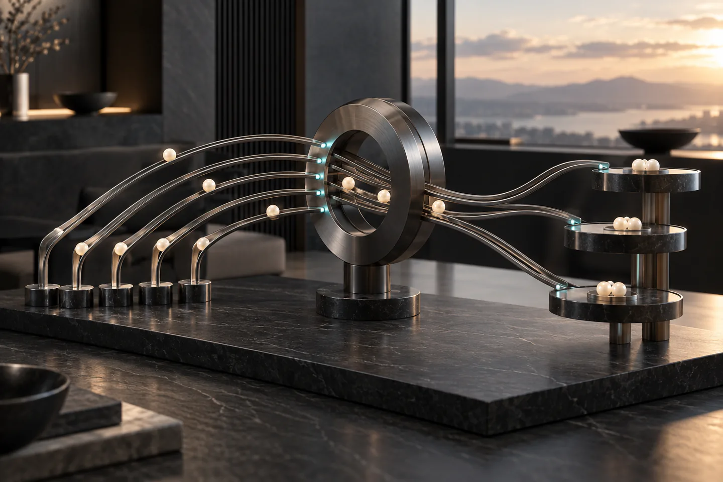 A central relationship hub connects distinct warm and teal illuminated pathways across a sculptural graphite landscape.