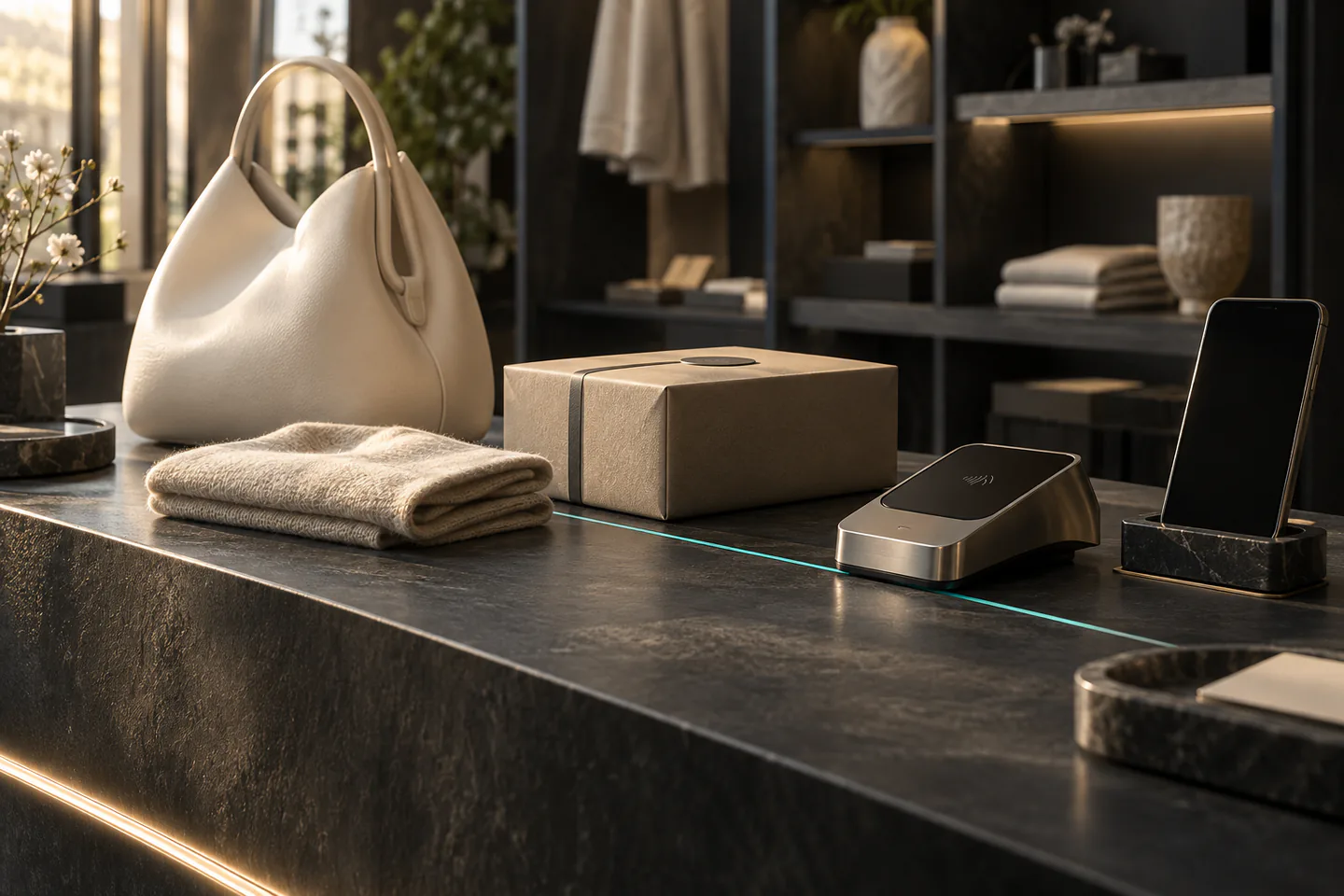 Tactile retail objects and an unmarked mobile device form a connected customer journey across a charcoal display counter.