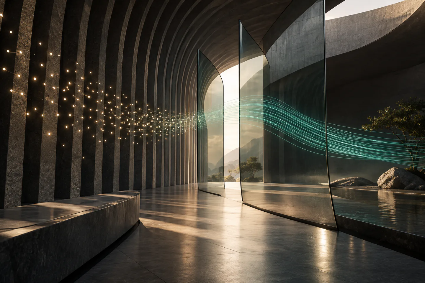 Layers of glass and stone channel scattered light into a clear teal pattern inside a dark architectural space.