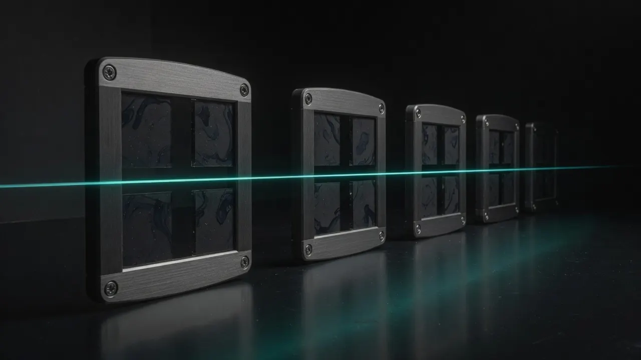 Four gates in a receding line, one teal filament passing through every gap.