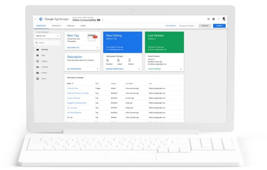 Google Tag Manager 360 on a laptop: workspace tags, versions, and approvals.
