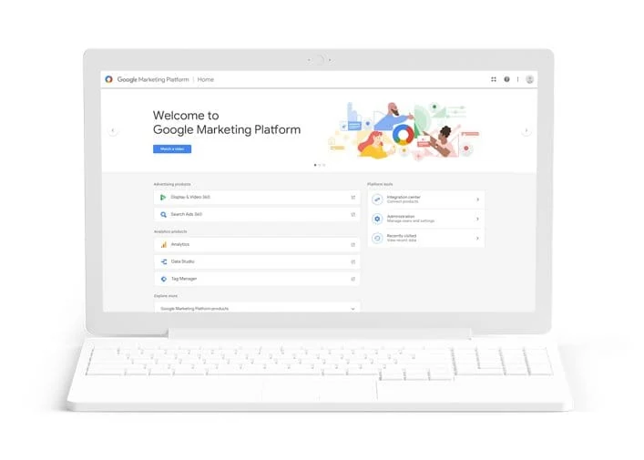 Google Marketing Platform home: Display and Video 360, Search Ads 360, Analytics, and Tag Manager.