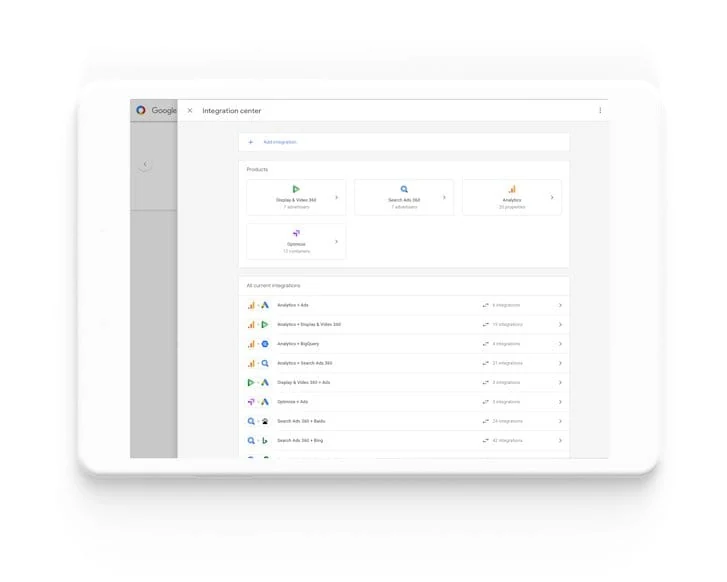 Google Marketing Platform integration center linking DV360, Search Ads 360, and Analytics.