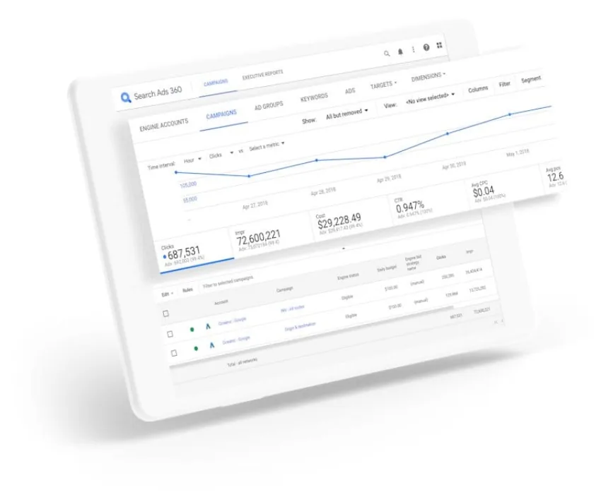 Search Ads 360 on a tablet: engine accounts, campaigns, clicks, and cost.