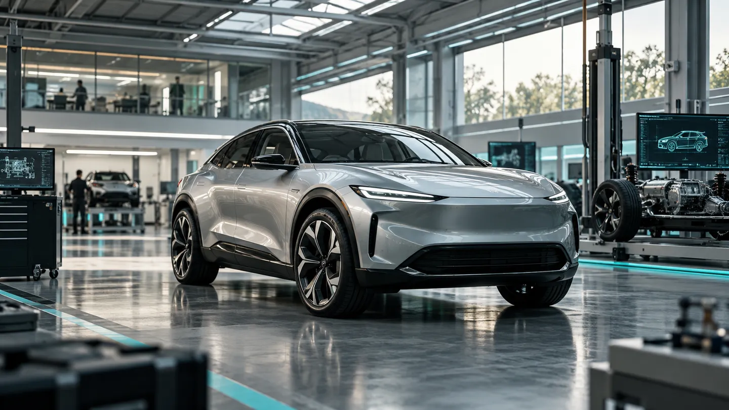 An unbranded electric vehicle inside an automotive engineering and testing hall.