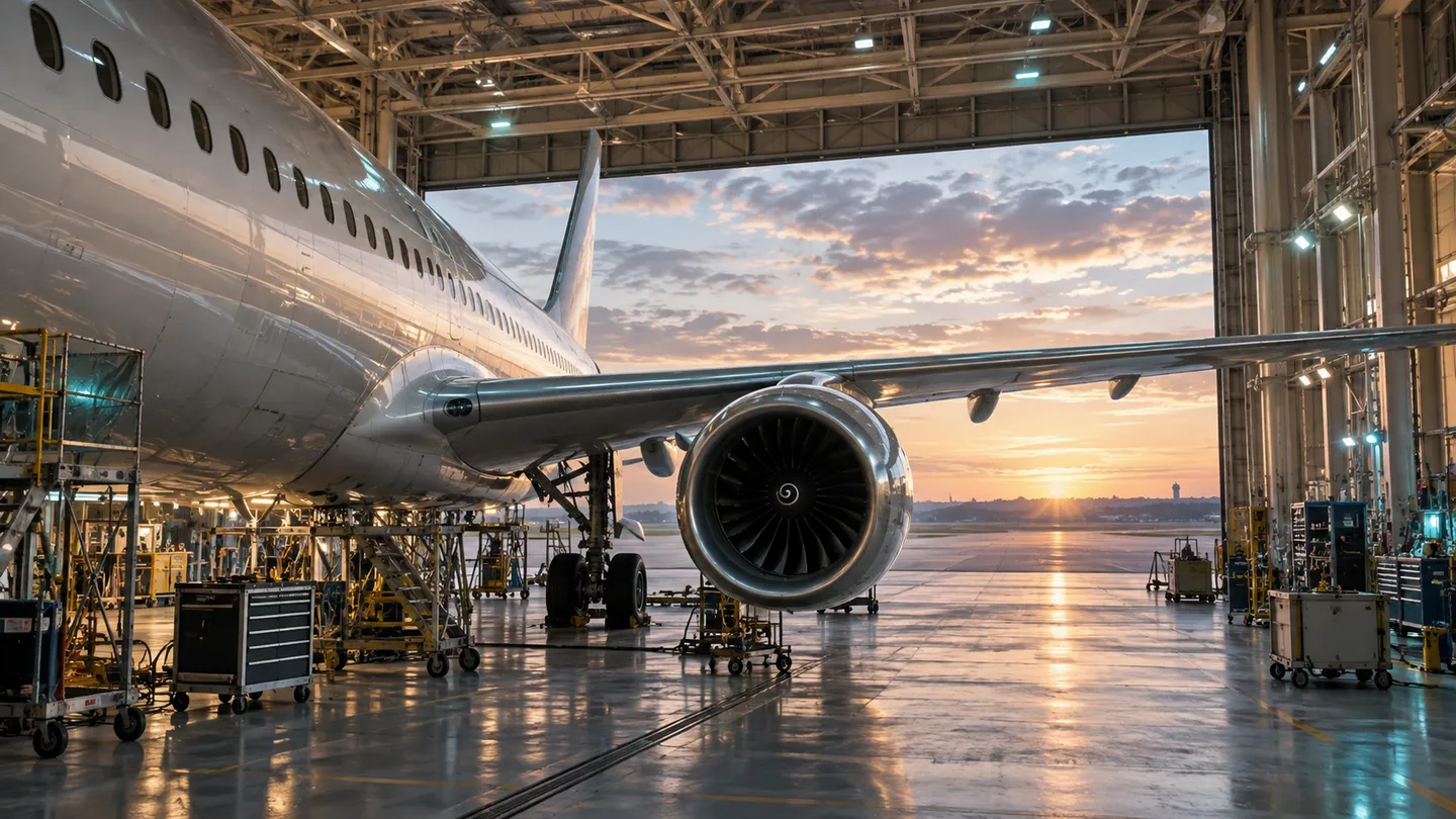 An unbranded passenger aircraft and engine inside a sunlit maintenance hangar.
