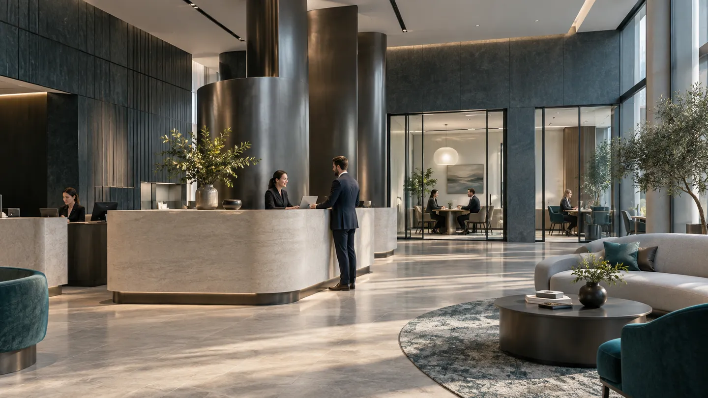A contemporary banking interior with consultation rooms and limestone service counters.