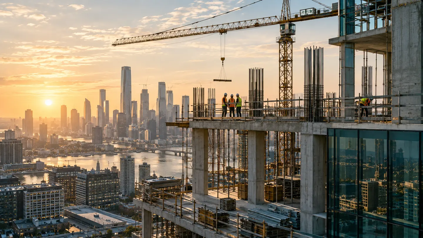 A concrete building under construction, with a tower crane and a city beyond.