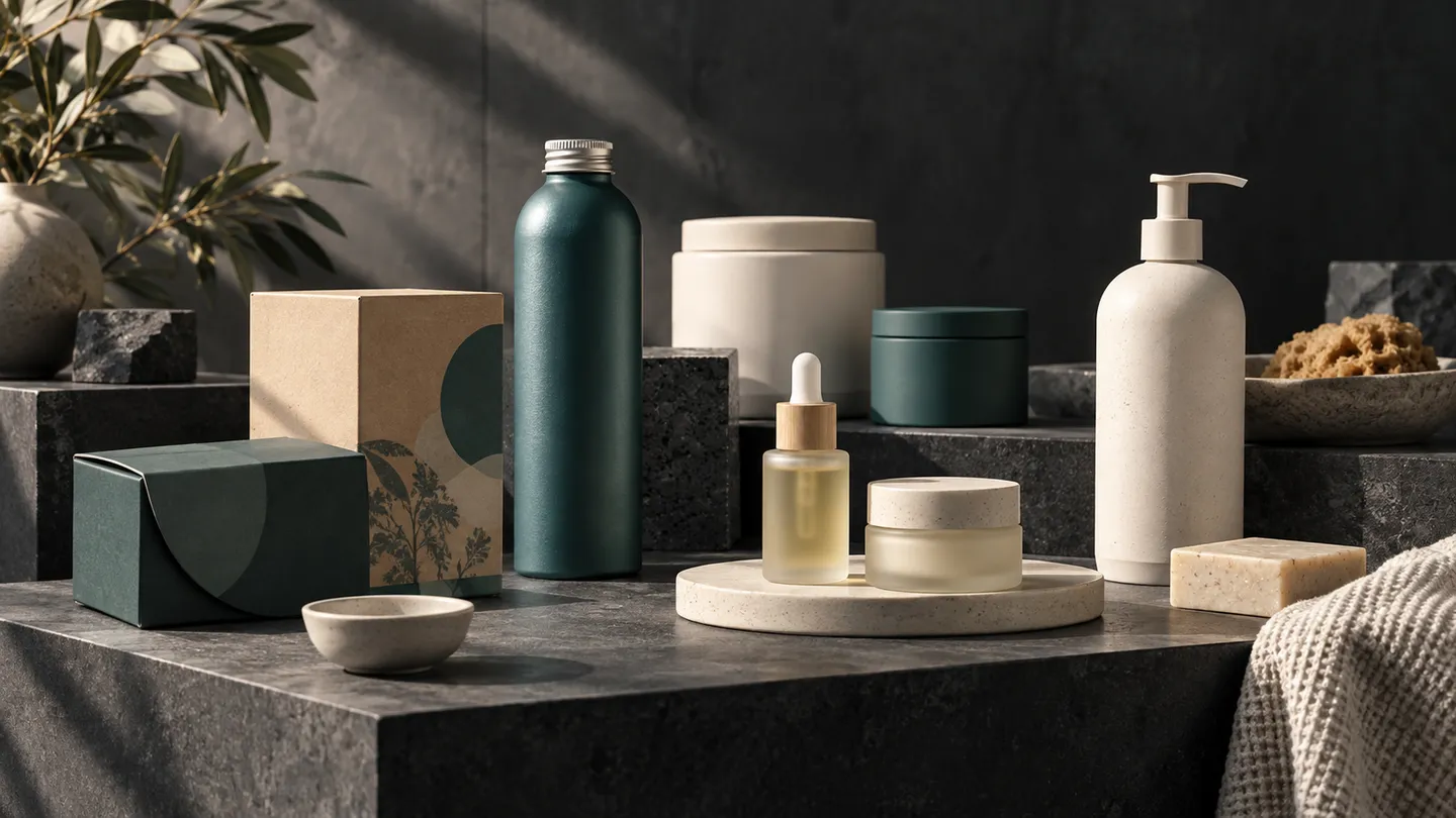 Unbranded refillable bottles, skincare containers and packaging on graphite display surfaces.