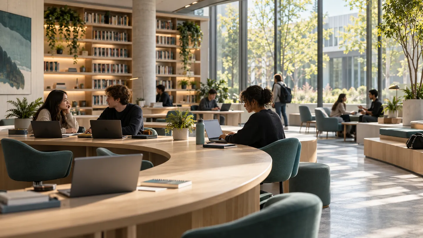 A contemporary university learning studio with shared desks and a light-filled library.