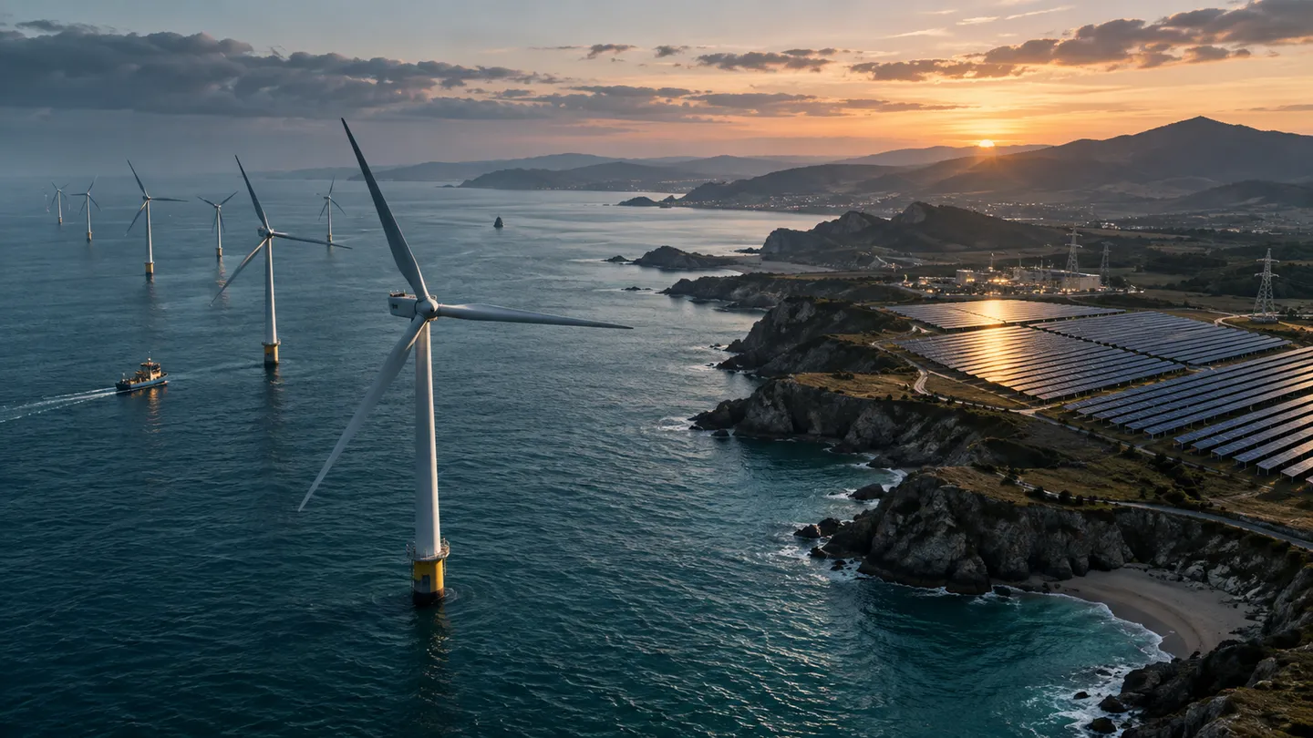Wind turbines and a coastal solar field at sunset.