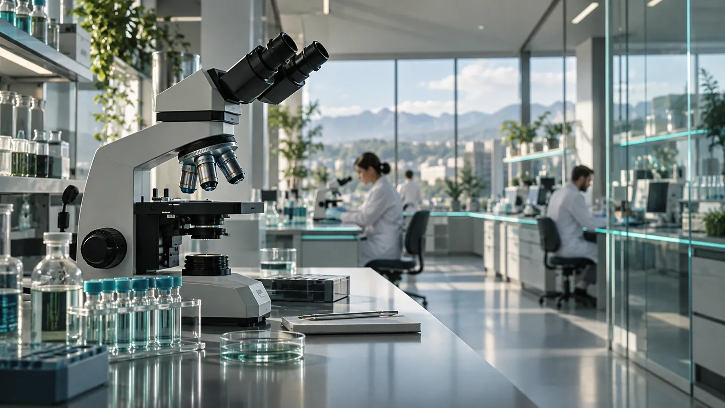 A microscope and specimen vials in a contemporary life sciences laboratory.