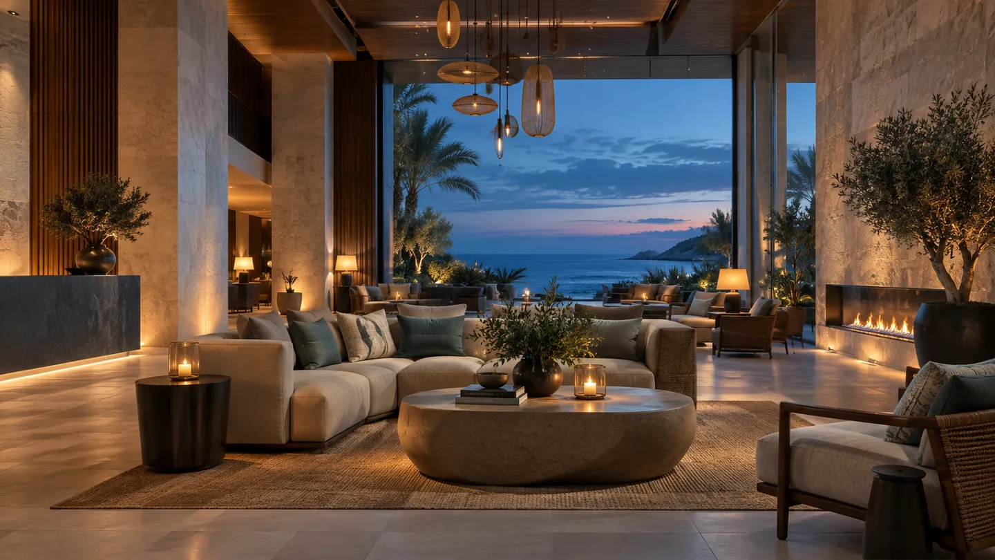 A warm coastal hotel lobby with limestone architecture and a view of the sea.