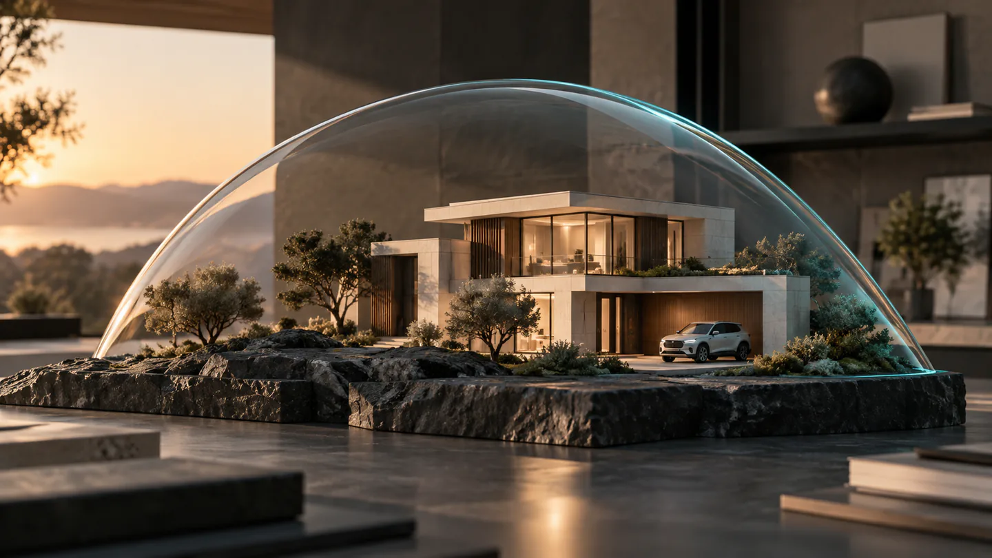 An architectural model of a home and vehicle sits beneath a transparent curved protective canopy.