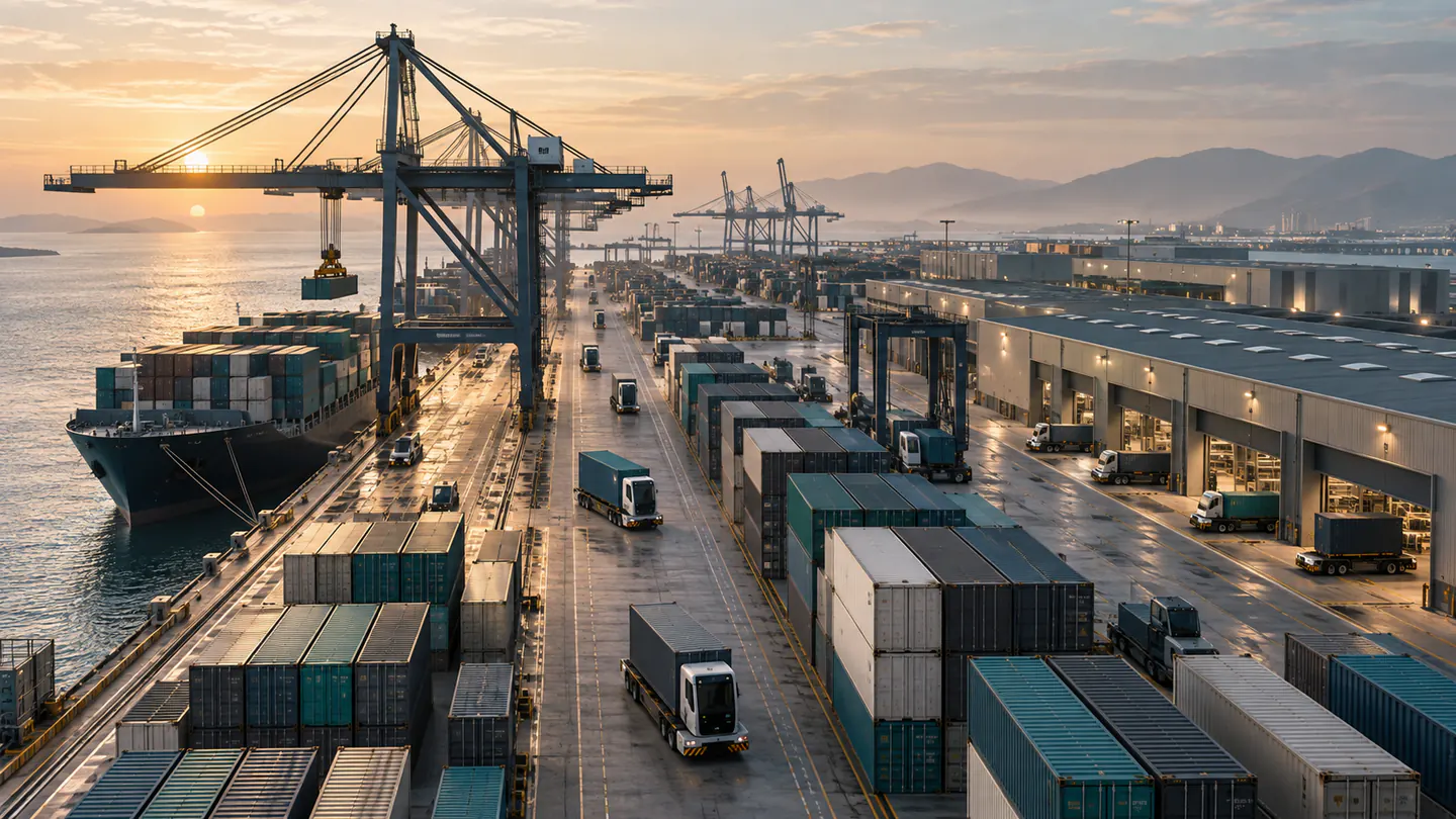 An elevated view of an imagined container terminal shows ordered freight stacks, cranes and automated transport lanes.