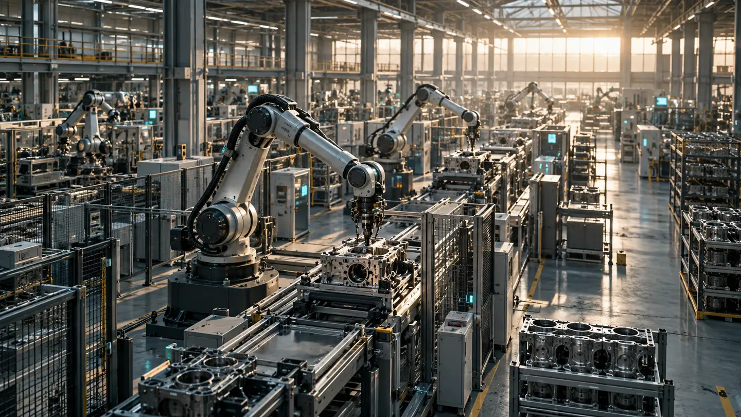 Precision robotic arms and metallic components on an advanced manufacturing floor.