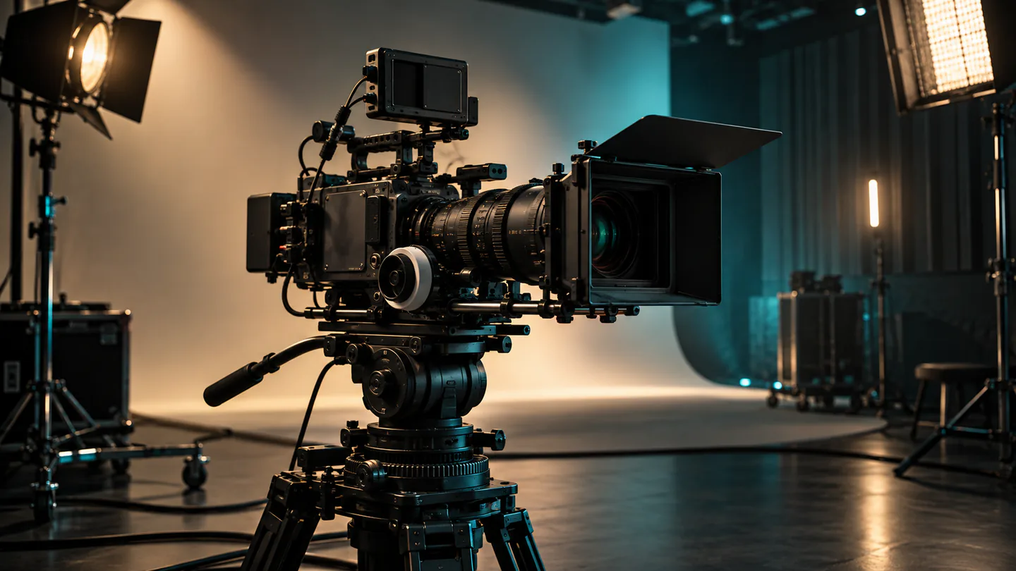 An unbranded cinema camera stands on a production stage with soft teal and warm ivory studio lights.