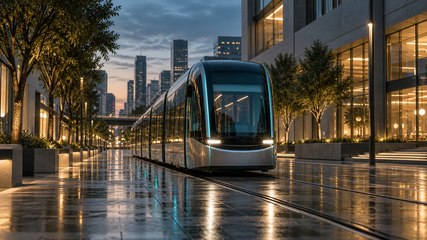 An unbranded electric tram travels through an imagined modern city at blue hour.