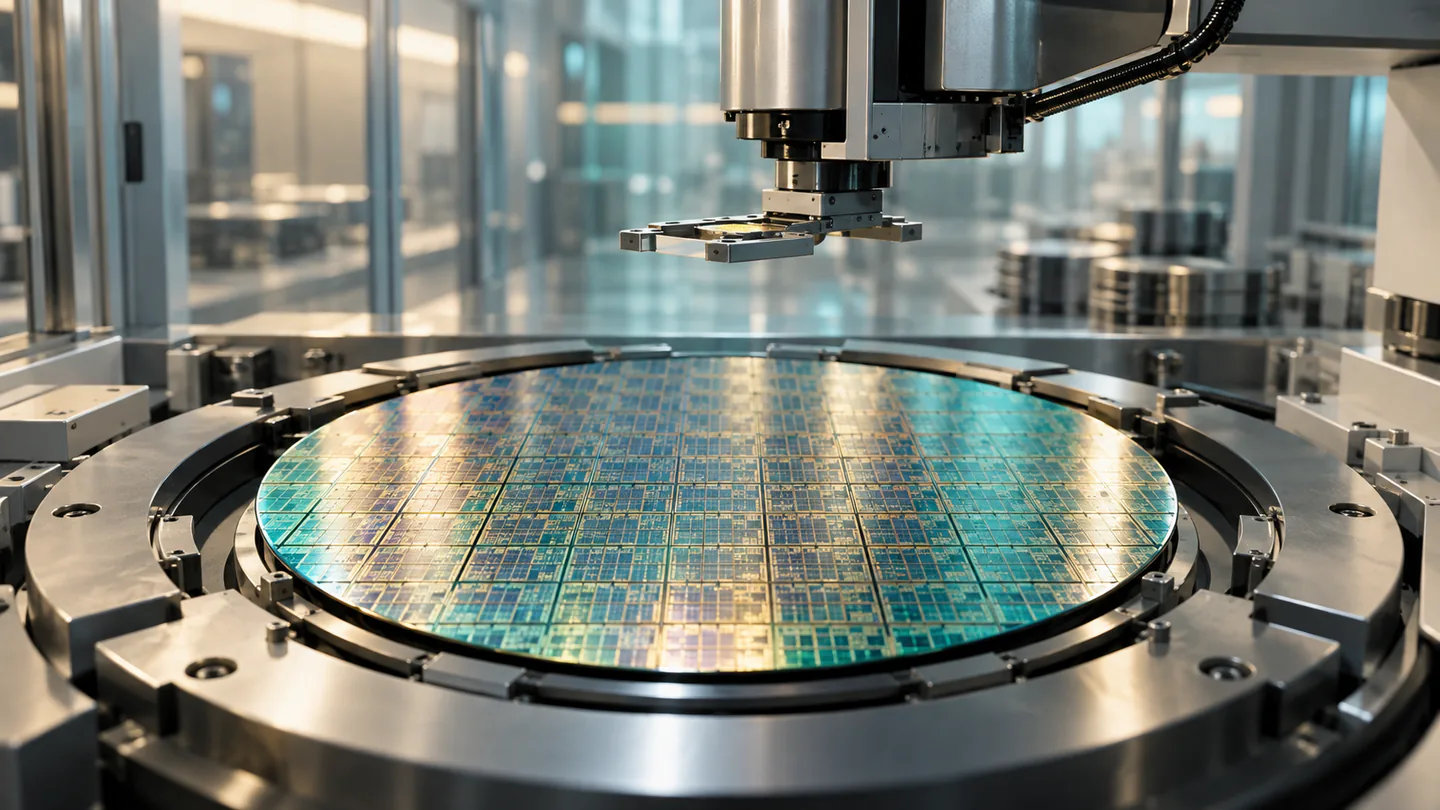 A pristine silicon wafer rests beneath a precision robotic handling arm in an imagined cleanroom.