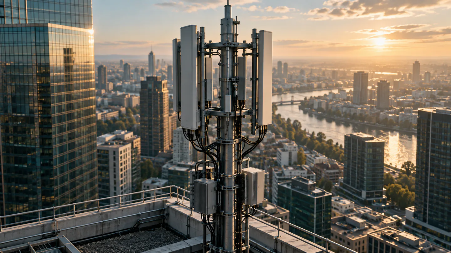 A sleek telecommunications mast with compact antenna arrays rises above an imagined modern city.