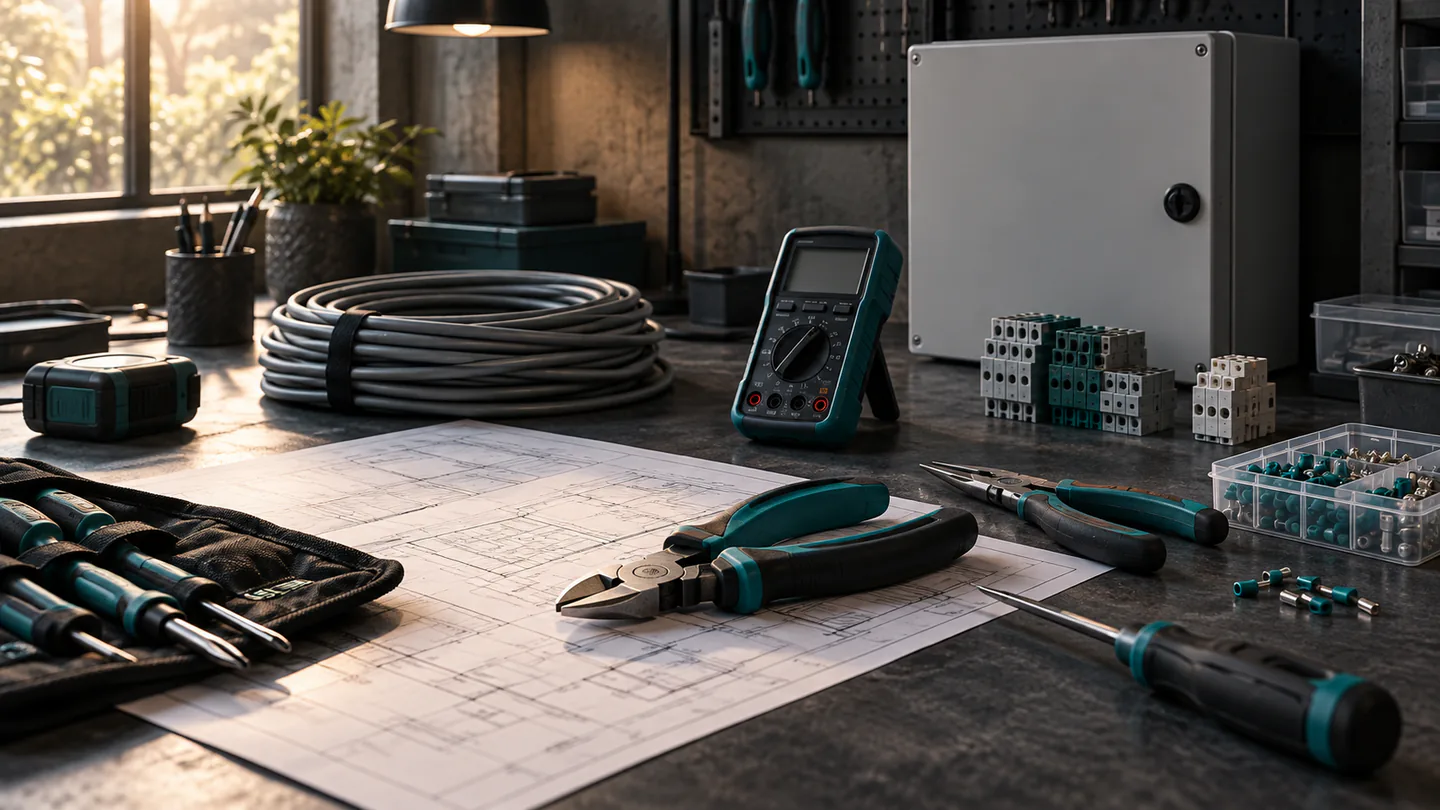 Unbranded electrician tools and an inactive meter are arranged beside unlabelled site plans on a workbench.