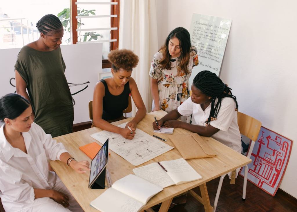 Five women at a team meeting 