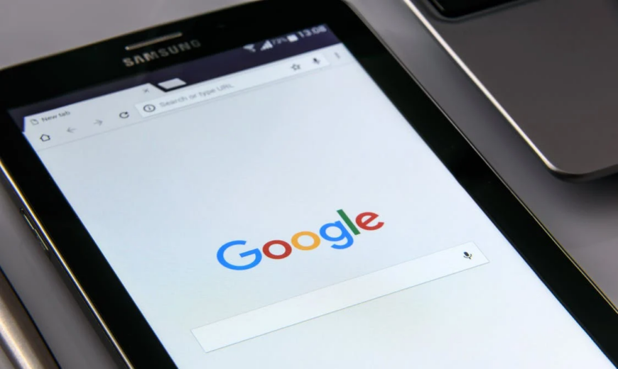 A black tablet with a Google browser on it